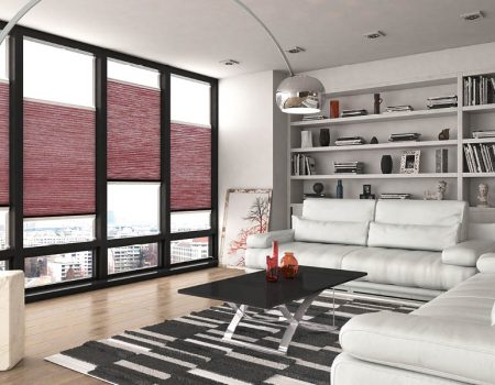 Wabenplissee in Rot am Fenster. Marke: Teba